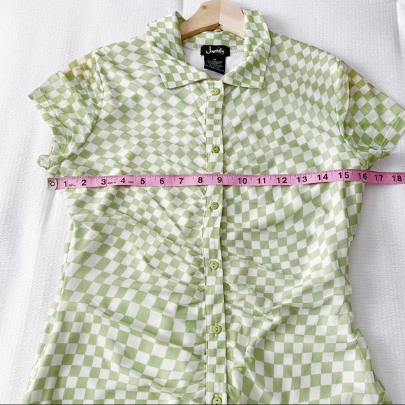 NWT Green & White Checkerboard Print Button Down Mesh Dress - Picture 10 of 12
